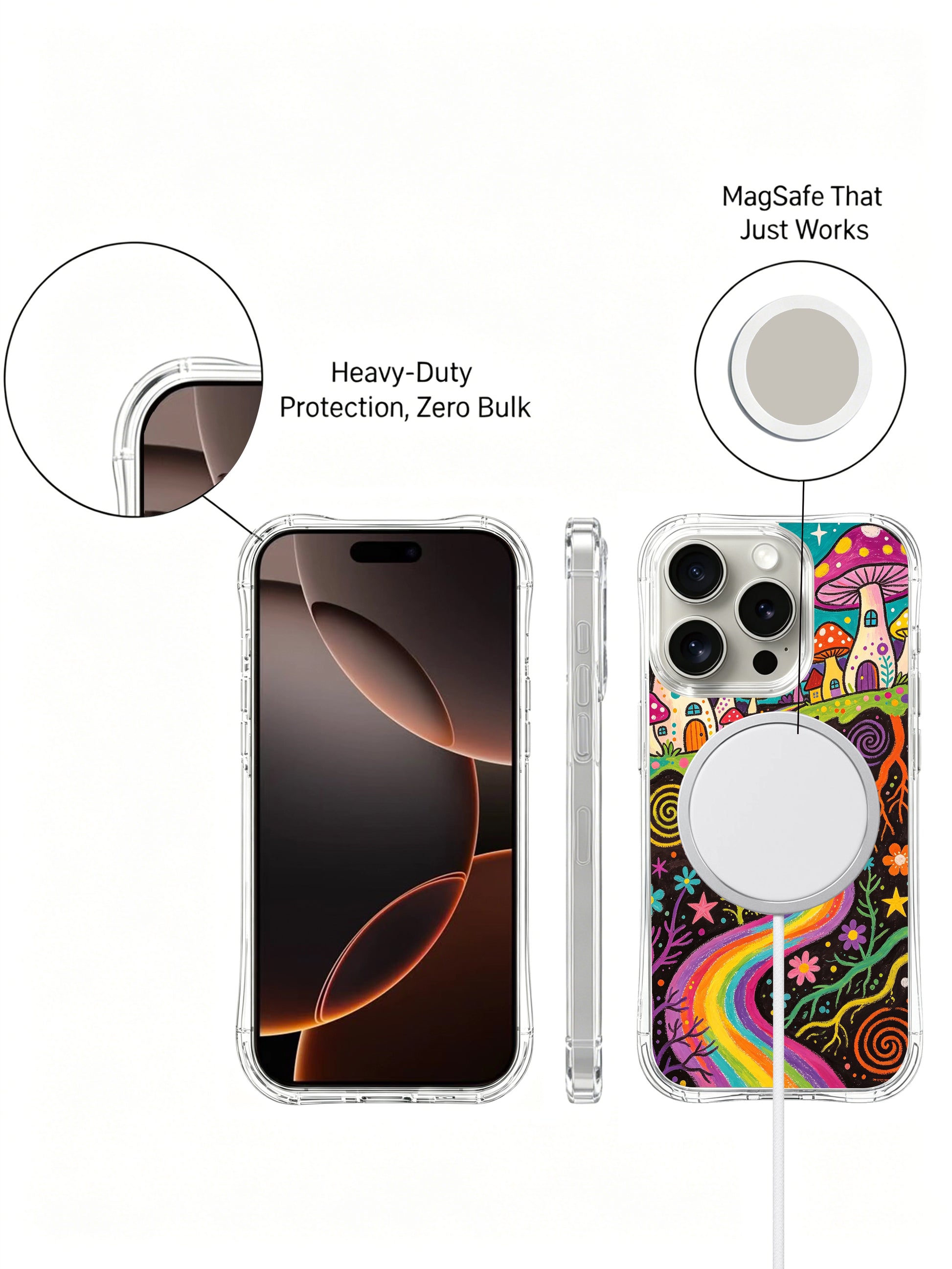 PhoneCasing iPhone 16 pro max Case, exclusive artist collab illustrated casing with one large purple spotted mushroom house at top frame, rainbow path flowing downward through tangled root network, durable premium art casing.