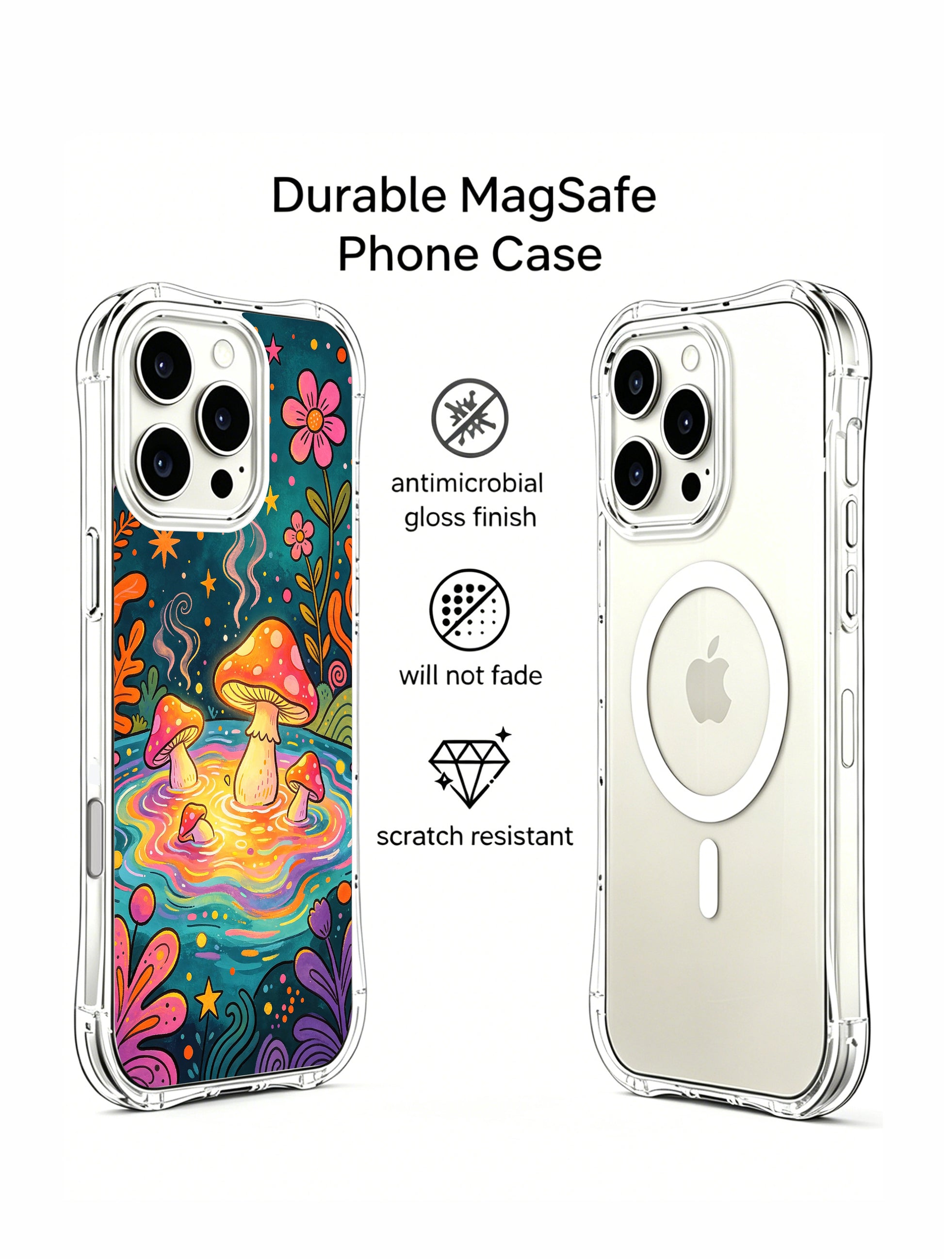 PhoneCasing iPhone 16 pro max Case, scratch-resistant fade-proof art casing with curly swirl foliage at upper frame, warm gradient dark night sky dotted with colorful stars, glowing mushroom cluster soaking in glowing spring water, limited-edition wearable art exclusively from PhoneCasing California workshop.