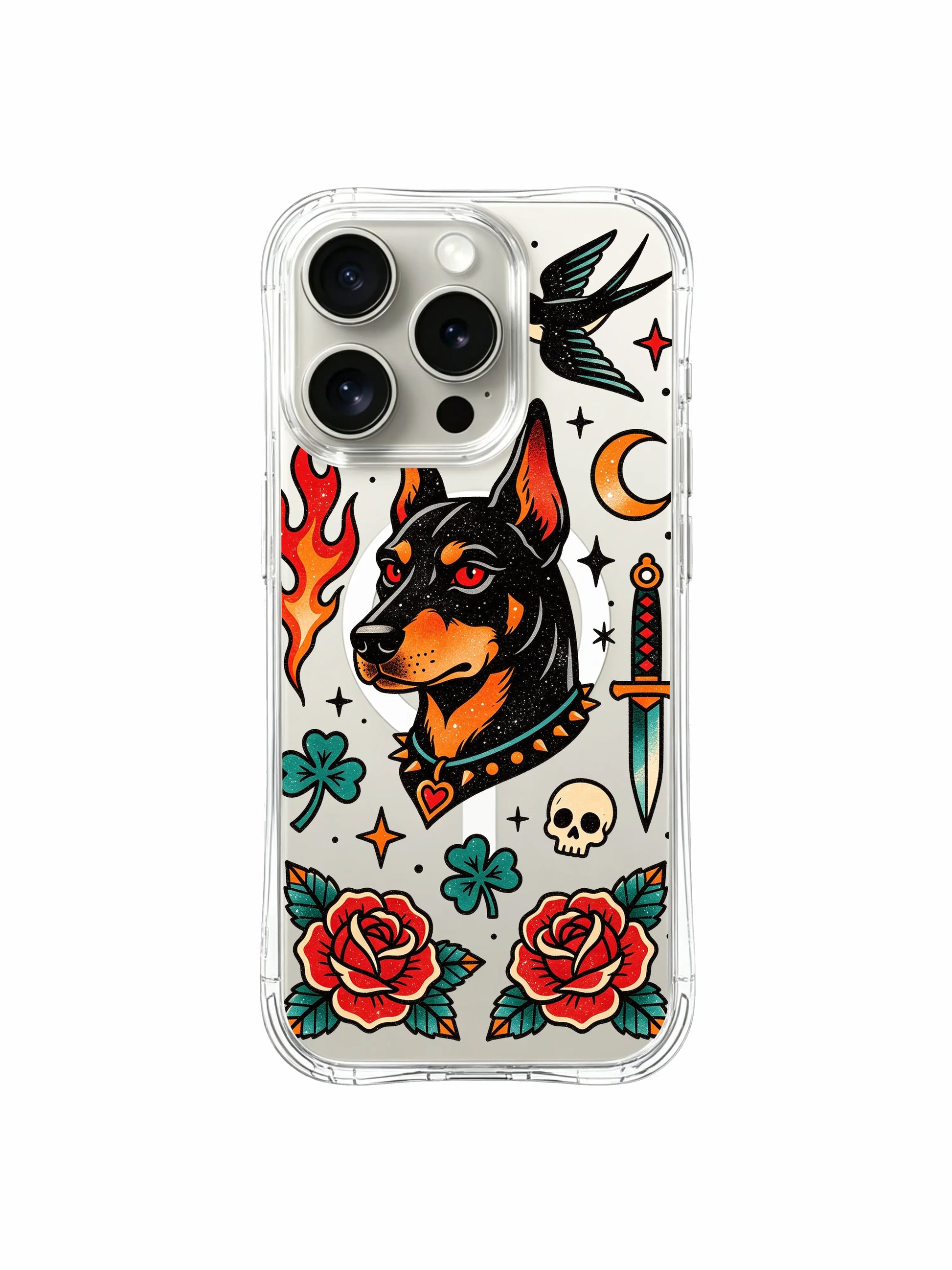 PhoneCasing iPhone 15 pro Case with upper corner swallow bird and loyal doberman print, exclusive Ruby Blackthorn collab art phone casing manufactured in Southern California.