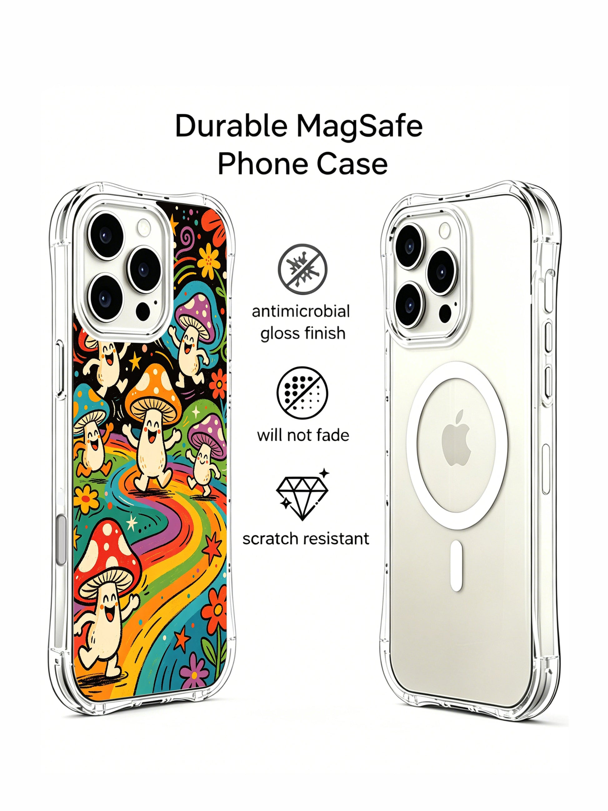 PhoneCasing iPhone 16 pro max Case, scratch-resistant fade-proof fine art casing with small twirling baby mushrooms tucked at top frame beside multi-tone blossom clusters, limited-edition premium wearable casing from PhoneCasing’s California factory