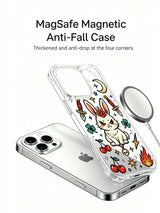 PhoneCasing iPhone 15 pro Case with upper yellow crescent moon graphic, bottom blazing fire and tiny skull pendant, stubborn anti-fate bunny motif, scratch-resistant glossy clear protective iPhone 15 pro casing for regular everyday usage.