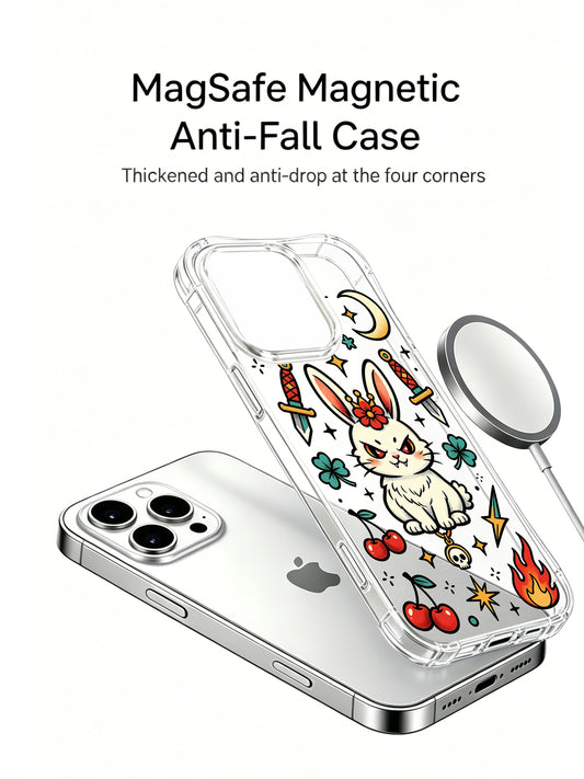 PhoneCasing iPhone 15 pro Case with upper yellow crescent moon graphic, bottom blazing fire and tiny skull pendant, stubborn anti-fate bunny motif, scratch-resistant glossy clear protective iPhone 15 pro casing for regular everyday usage.