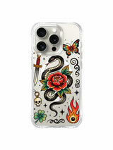 Rose serpent with dagger and skull pendant artwork on an iPhone 15 Pro case