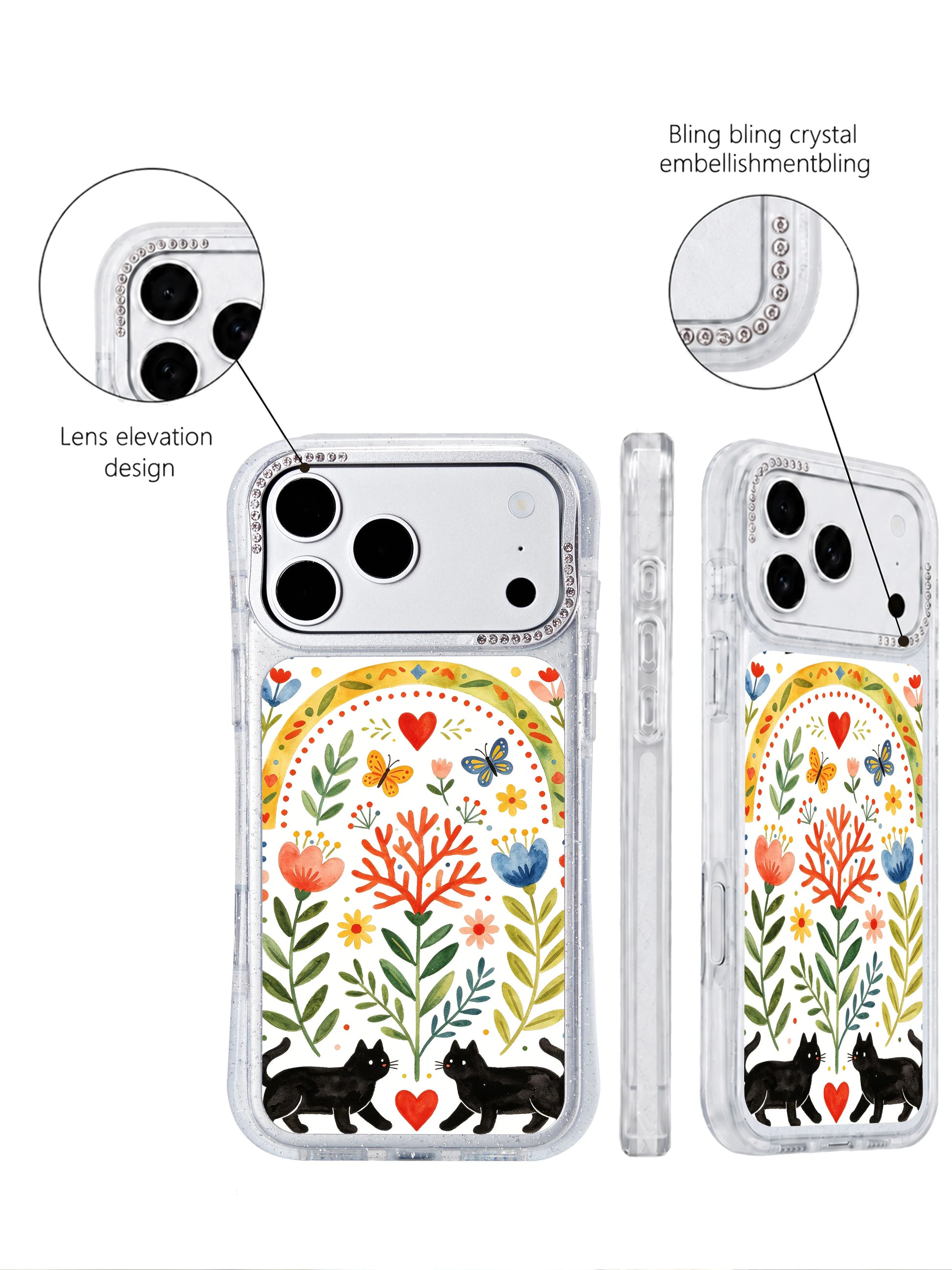 PhoneCasing multi-species wildlife iphone 17 pro Max casing with two swallows perched at the top rainbow arch, butterflies, poppies and paired cats forming a cohesive folk garden scene.