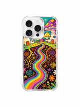Mushroom cottage above a winding rainbow path artwork on an iPhone 16 Pro Max case