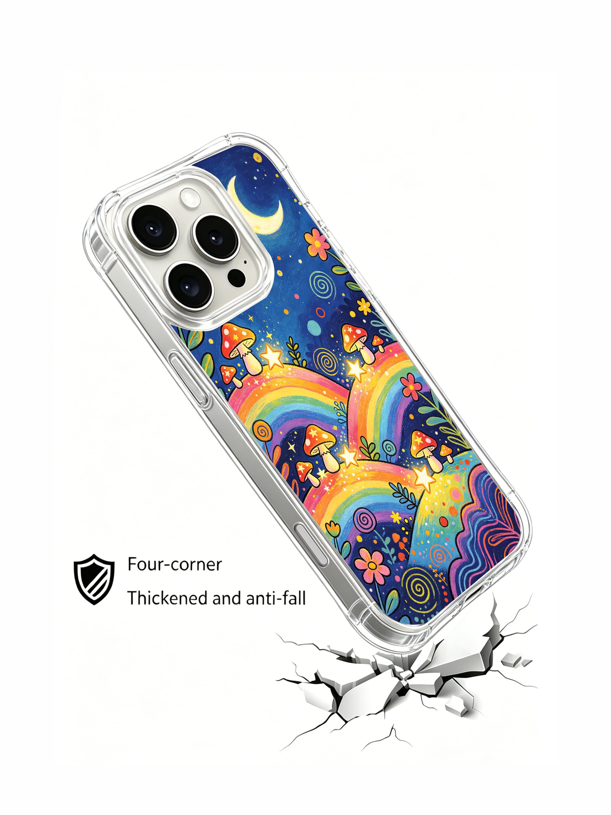 PhoneCasing iPhone 16 pro max Case, four-corner reinforced anti-shock bespoke casing with crescent moon in upper right swirl sky, tiered rainbow valleys filled with star-bearing spotted fungi and assorted garden blossoms, collectible hippie folk art phone casing for casual daily wear.