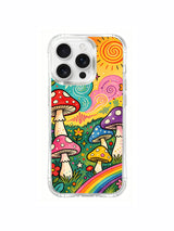 Spiral sun and daisies around mushrooms artwork on an iPhone 16 Pro Max case