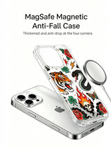 Tiger and serpent with upper roses, flame, skull and smoky cloud artwork on an iPhone 15 Pro case