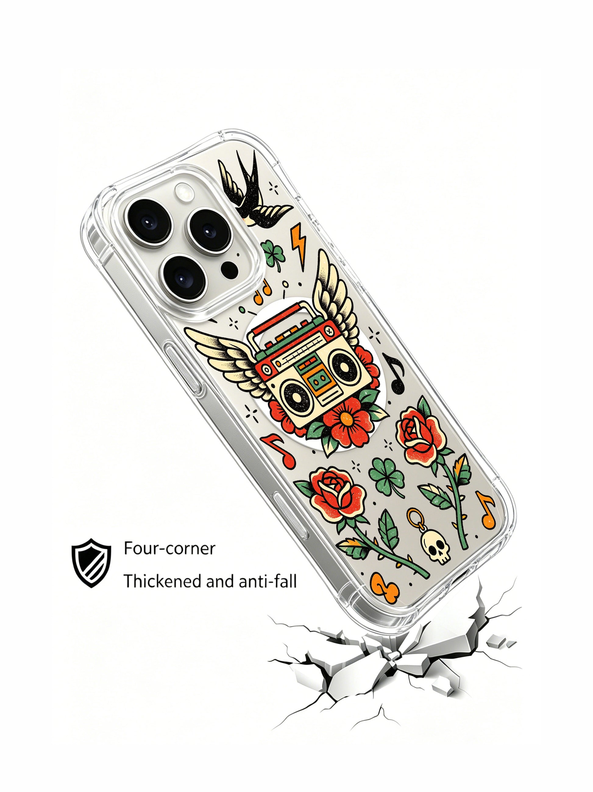 PhoneCasing iPhone 15 pro Case with one upper swallow, flame-free layout, sparse tiny stars and music note ornaments around vintage radio, slim anti-yellowing iPhone 15 pro casing with free US domestic shipping.