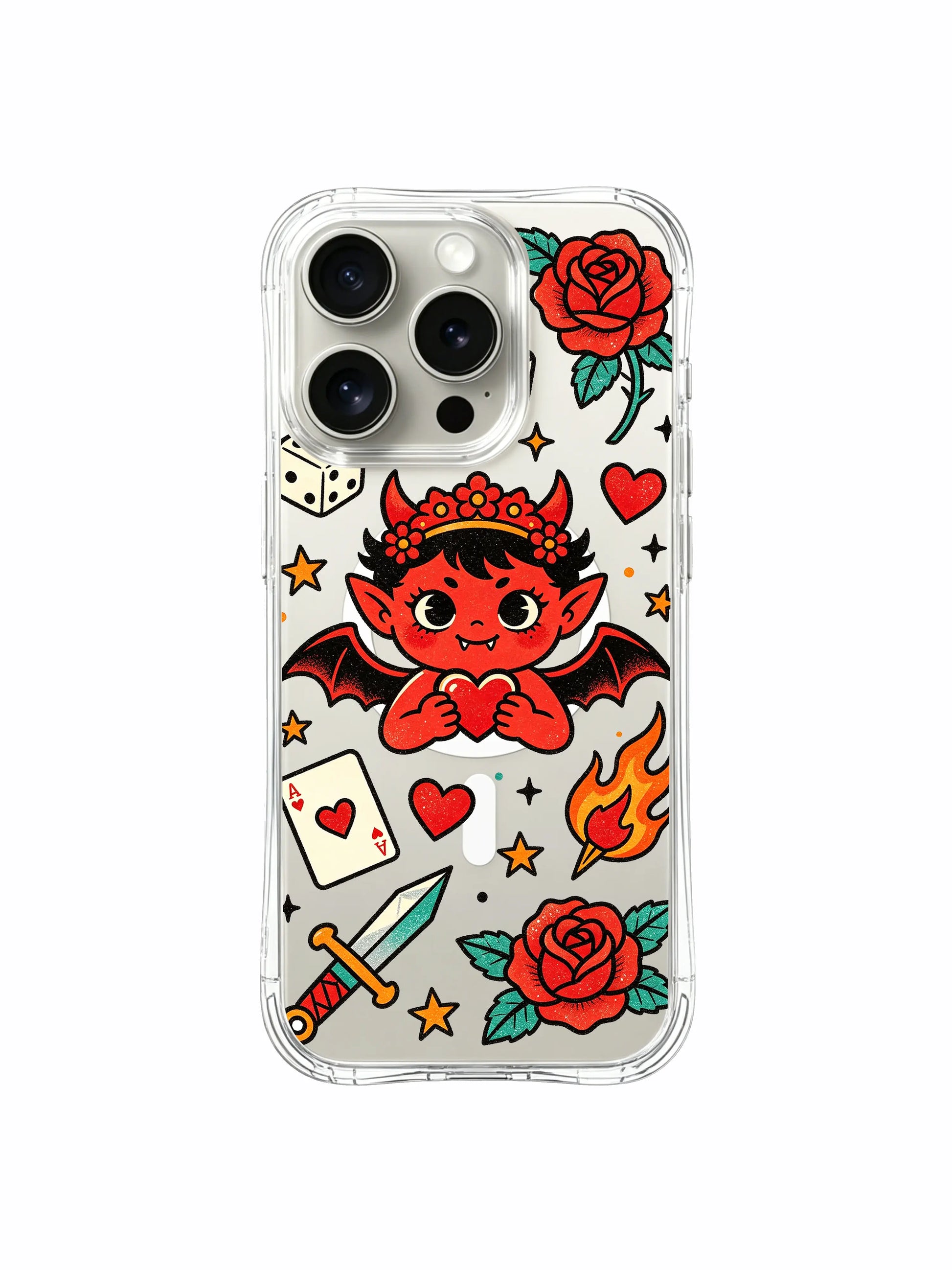 PhoneCasing iPhone 15 pro Case with single top rose, side dagger and scattered hearts beside playful devil, collectible limited artist collab phone casing.