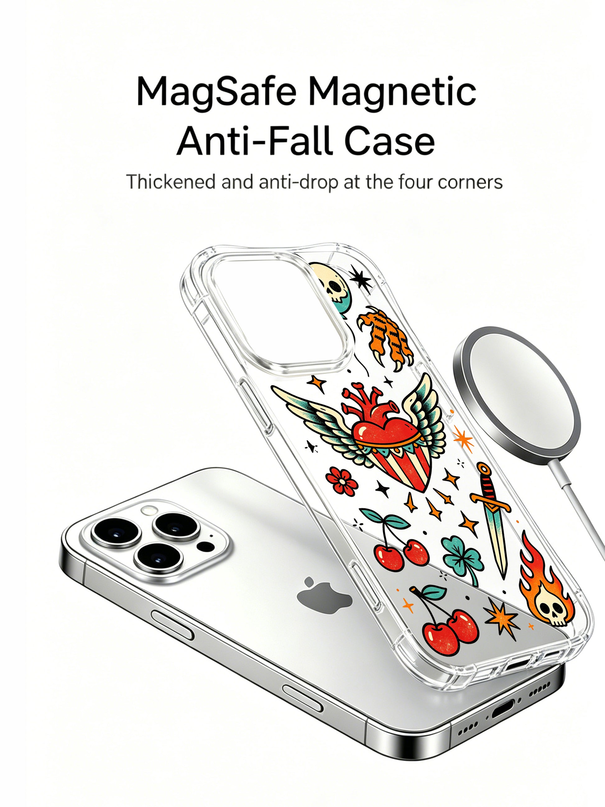 PhoneCasing iPhone 15 pro Case with upper skull balloon graphic, two full garden roses, bottom retro flame and cheeky cherry motif, scratch-resistant glossy clear protective iPhone 15 pro casing for regular everyday usage.