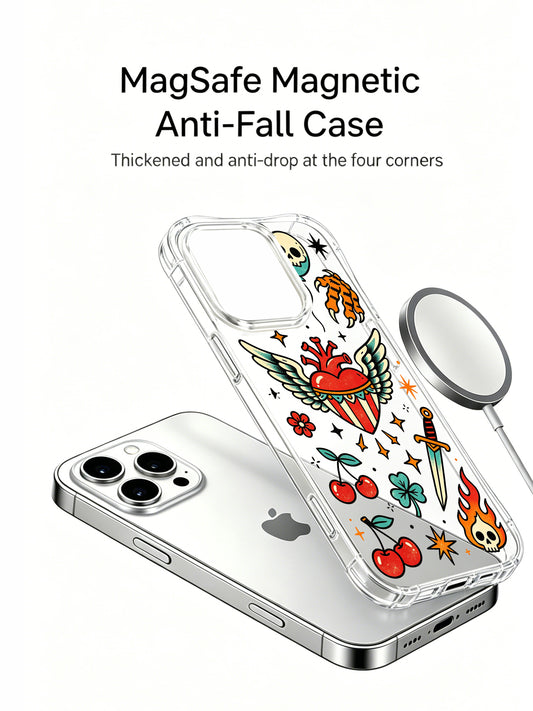 PhoneCasing iPhone 15 pro Case with upper skull balloon graphic, two full garden roses, bottom retro flame and cheeky cherry motif, scratch-resistant glossy clear protective iPhone 15 pro casing for regular everyday usage.