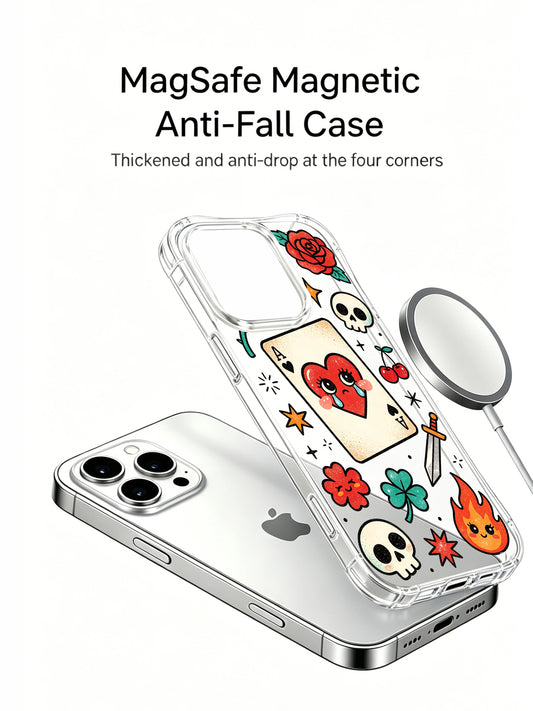 PhoneCasing iPhone 15 pro Case with upper skull detail, wavy outline queen heart card, side cherry and clover decor, anti-drop premium art iPhone 15 pro casing.
