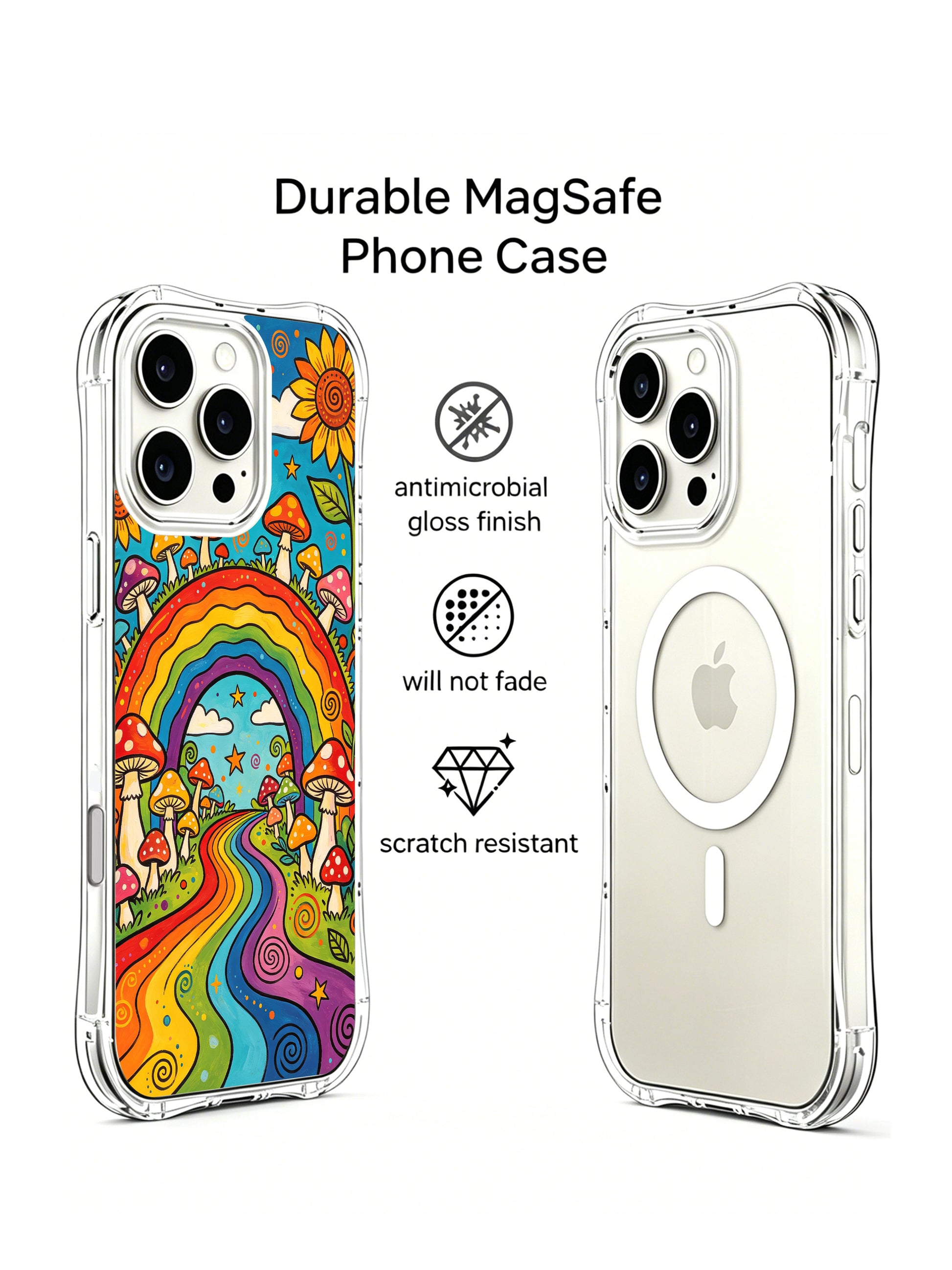PhoneCasing iPhone 16 pro max Case, scratch-resistant fade-proof art casing with swirling spiral sun and fluffy cloud on upper right, full rainbow arch wraps around woodland fungi cluster, limited-edition wearable art casing exclusively from PhoneCasing California workshop.