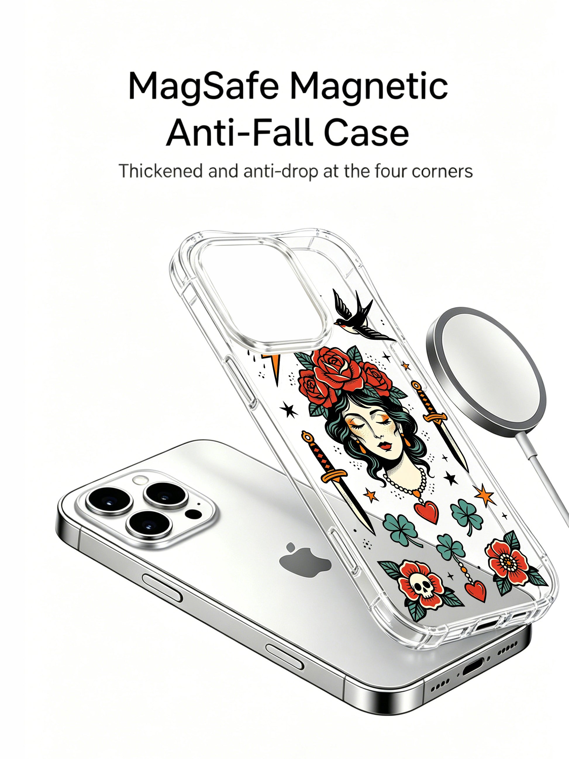 PhoneCasing iPhone 15 pro Case with upper classic black swallow detail, bottom skull-centered red blossom, calm old-school lady portrait, scratch-resistant glossy clear protective iPhone 15 pro casing for daily regular usage.
