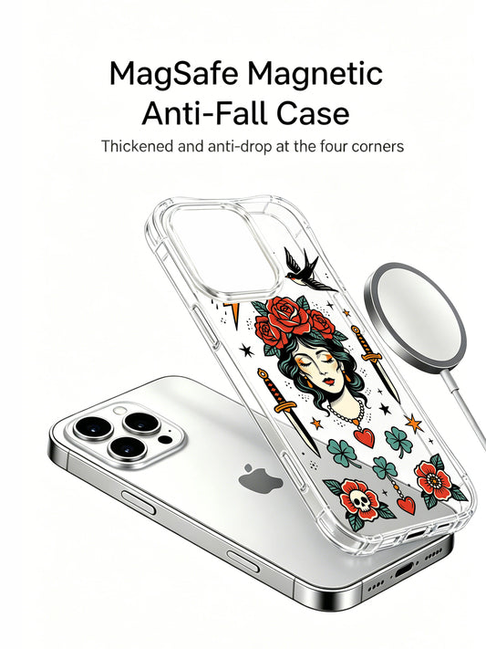 PhoneCasing iPhone 15 pro Case with upper classic black swallow detail, bottom skull-centered red blossom, calm old-school lady portrait, scratch-resistant glossy clear protective iPhone 15 pro casing for daily regular usage.