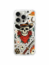 Cowboy skull with campfire flame, roses and ace artwork on an iPhone 15 Pro case