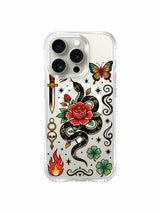 Snake and rose with flame skull and chain charms artwork on an iPhone 15 Pro case