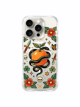 PhoneCasing iPhone 15 pro Case featuring three four-leaf clovers, dual winged butterflies, flame-free old school serpent wrapped on citrus fruit, durable USA-made protective iPhone 15 pro casing.