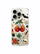 PhoneCasing iPhone 15 pro Case featuring three green shamrocks, dual gaming dice, minimal flame detail, old school bat and grinning fire cherries, durable USA-made protective iPhone 15 pro casing.