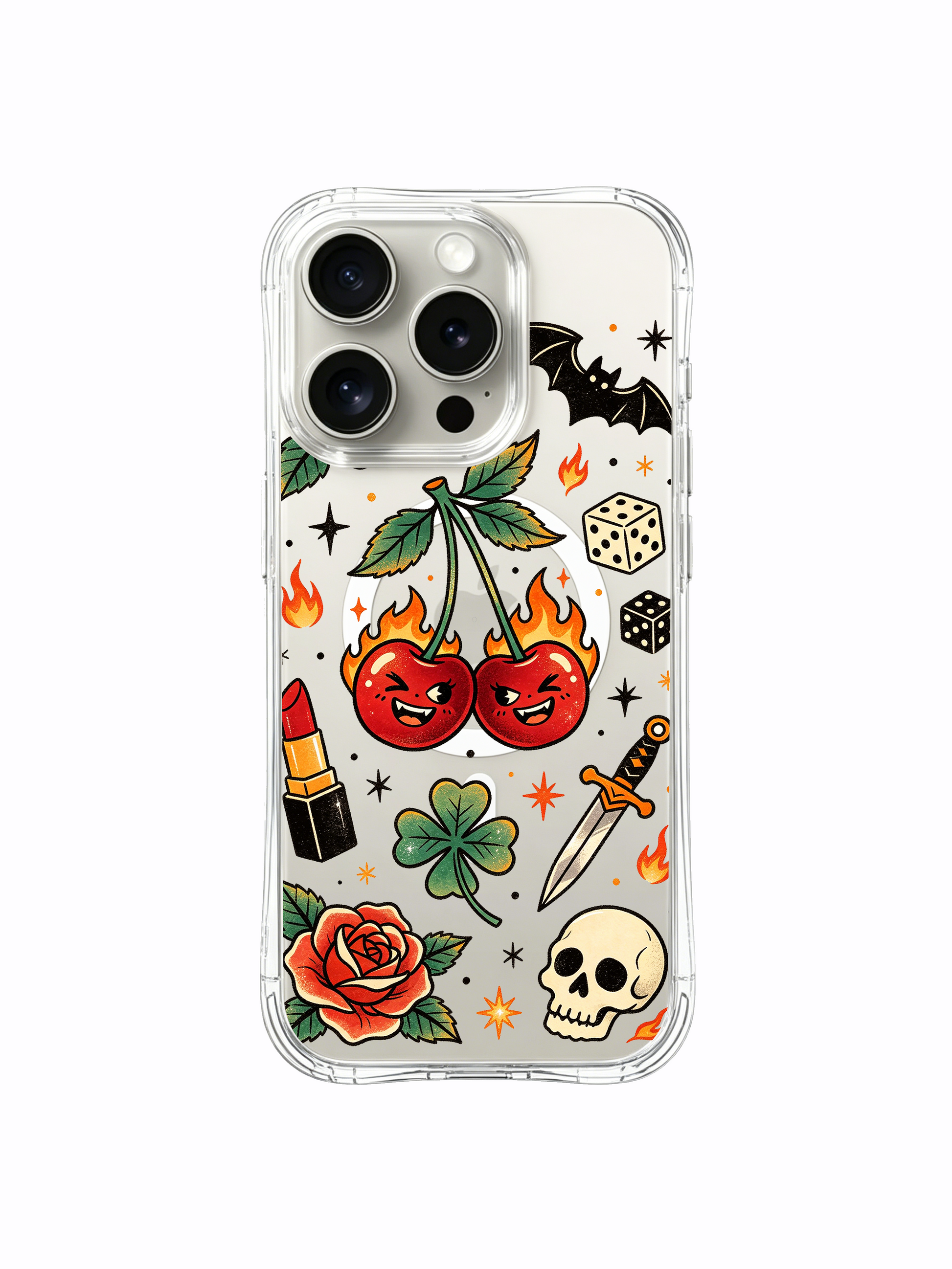 PhoneCasing iPhone 15 pro Case featuring three green shamrocks, dual gaming dice, minimal flame detail, old school bat and grinning fire cherries, durable USA-made protective iPhone 15 pro casing.