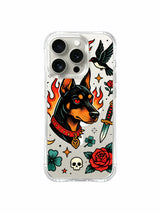 PhoneCasing iPhone 15 pro Case decorated triple star and scattered clover lucky charms with Ruby’s signature doberman art, high-end collectible phone casing.