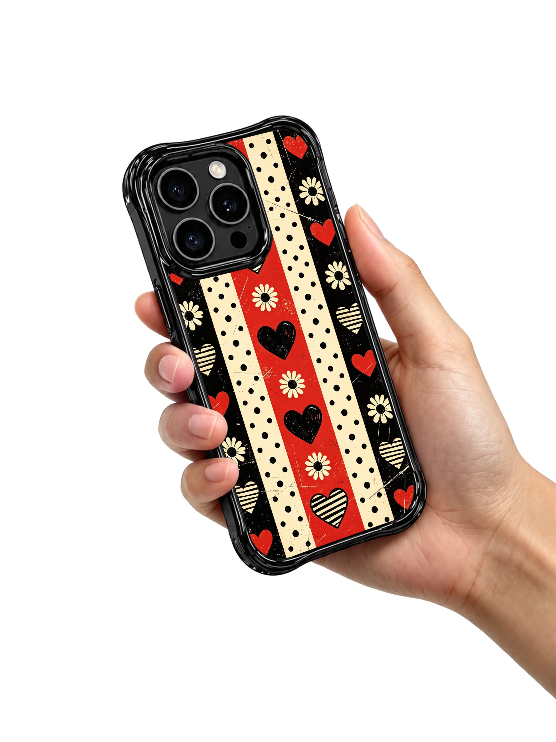 PhoneCasing iPhone 16 pro Case with three distinct heart graphics (solid red, solid black, diagonal lined striped) and layered uniform polka dot bands bordered by neat cream daisy blooms over alternating punk checker stripe layout, part of Ruby Daze collection, fade resistant wavy art casing.