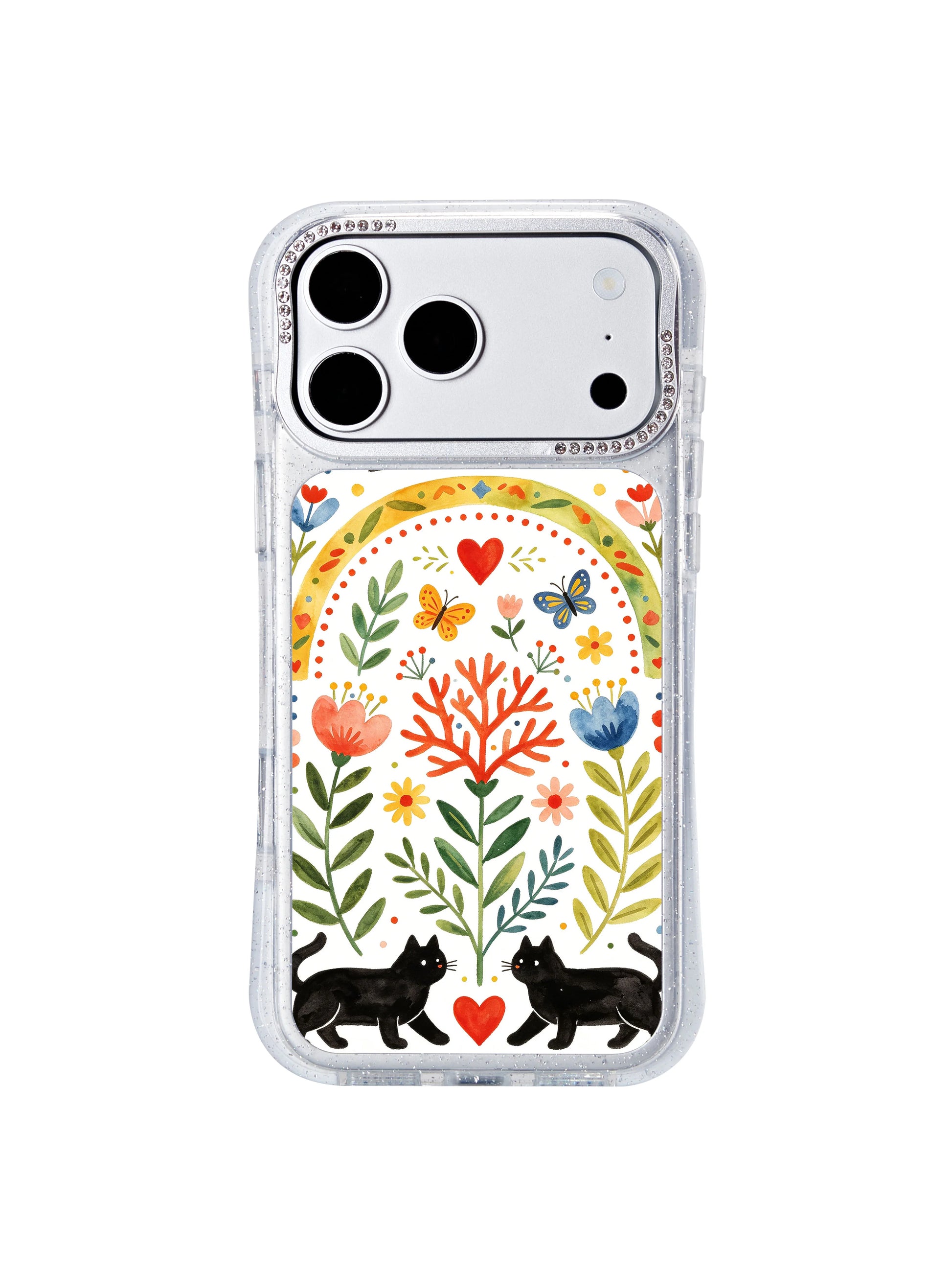 PhoneCasing fast US domestic shipping iphone 17 pro Max case featuring three swallows in flight above a large gradient rainbow arch, playful butterflies and a cozy single cat motif.