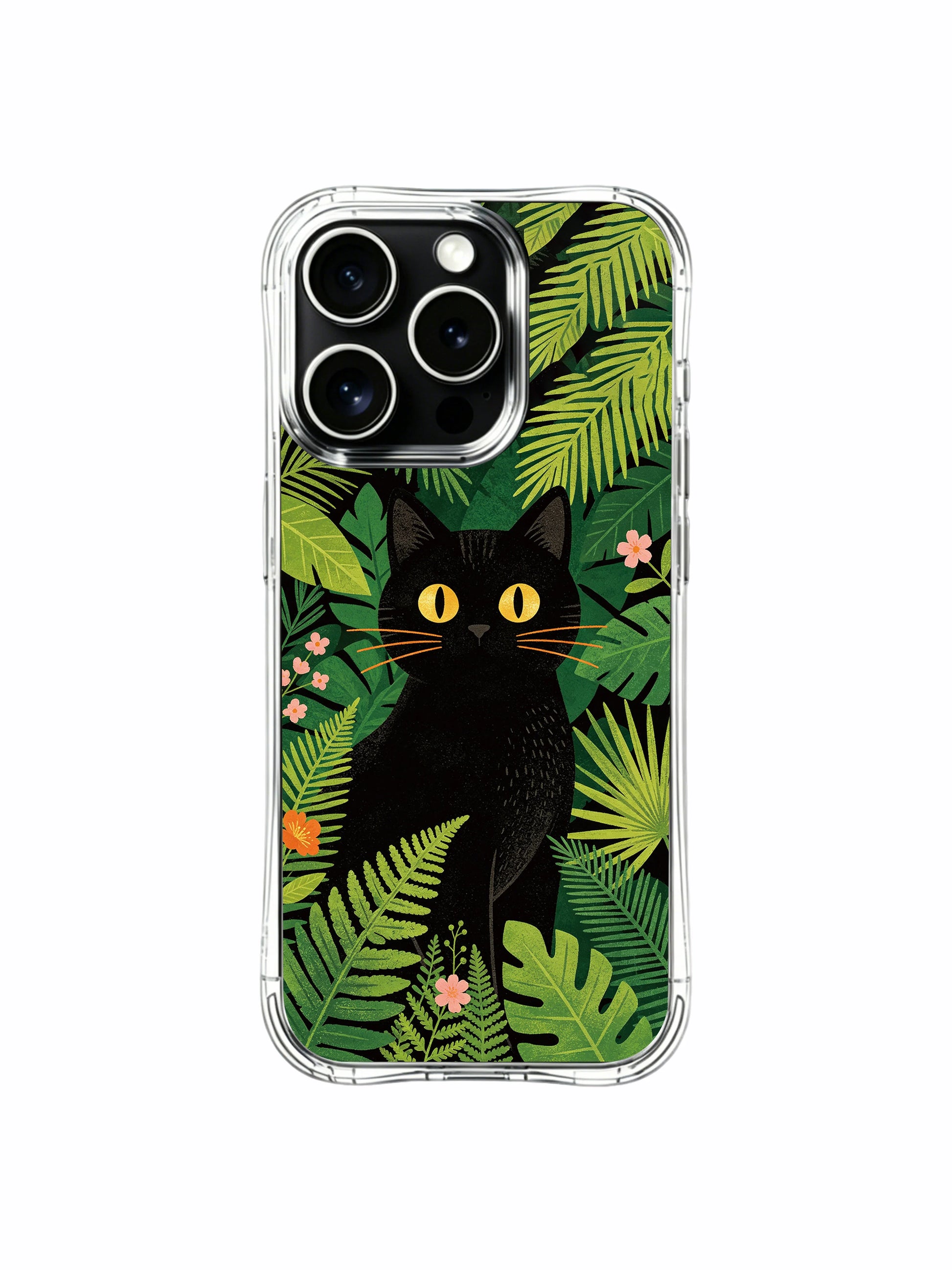 Wild underbrush scene PhoneCasing iPhone 13 pro Case, rugged protective phone casing showcasing black kitty concealed in thick tropical underbrush with glowing golden eyes, outdoor nature themed phone cover.
