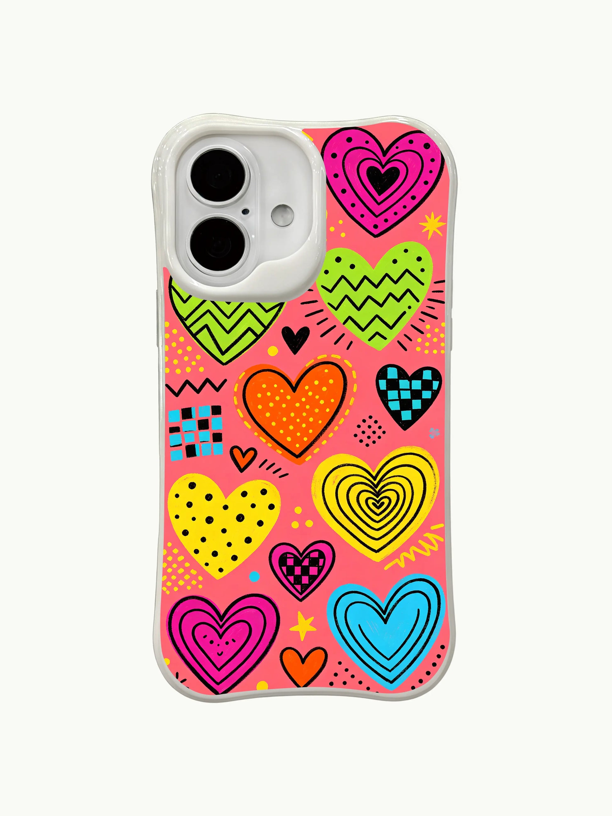  PhoneCasing Tropical Colorful Hearts Case for iPhone 16 Plus, a vibrant iPhone 16 plus casing with retro-inspired hearts and geometric details.