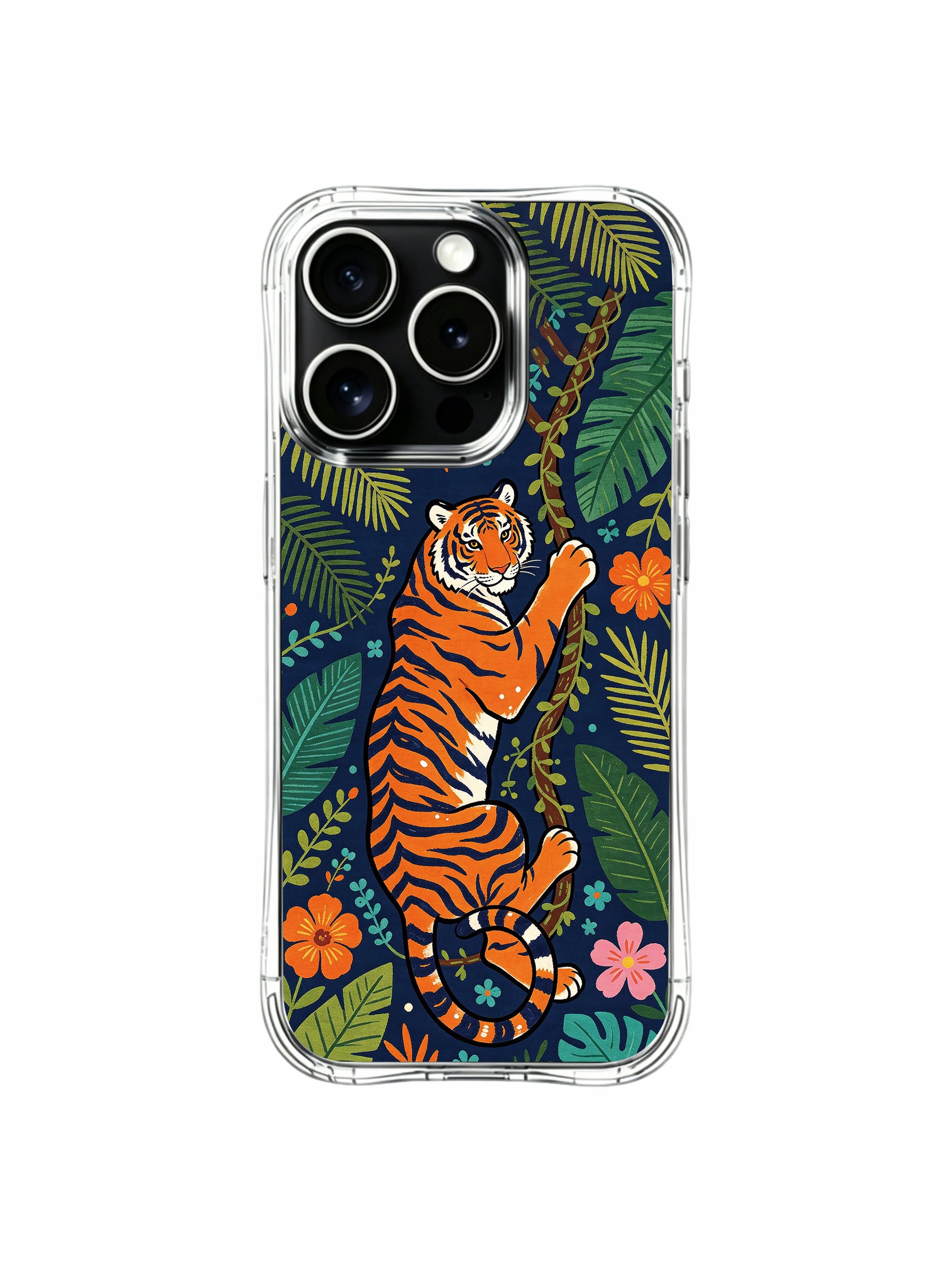 Tropical vine wrapped climbing orange tiger iPhone 13 pro Case from PhoneCasing, lightweight protective iPhone 13 pro casing decorated with scattered tiny wildflowers, boho jungle art phone cover.