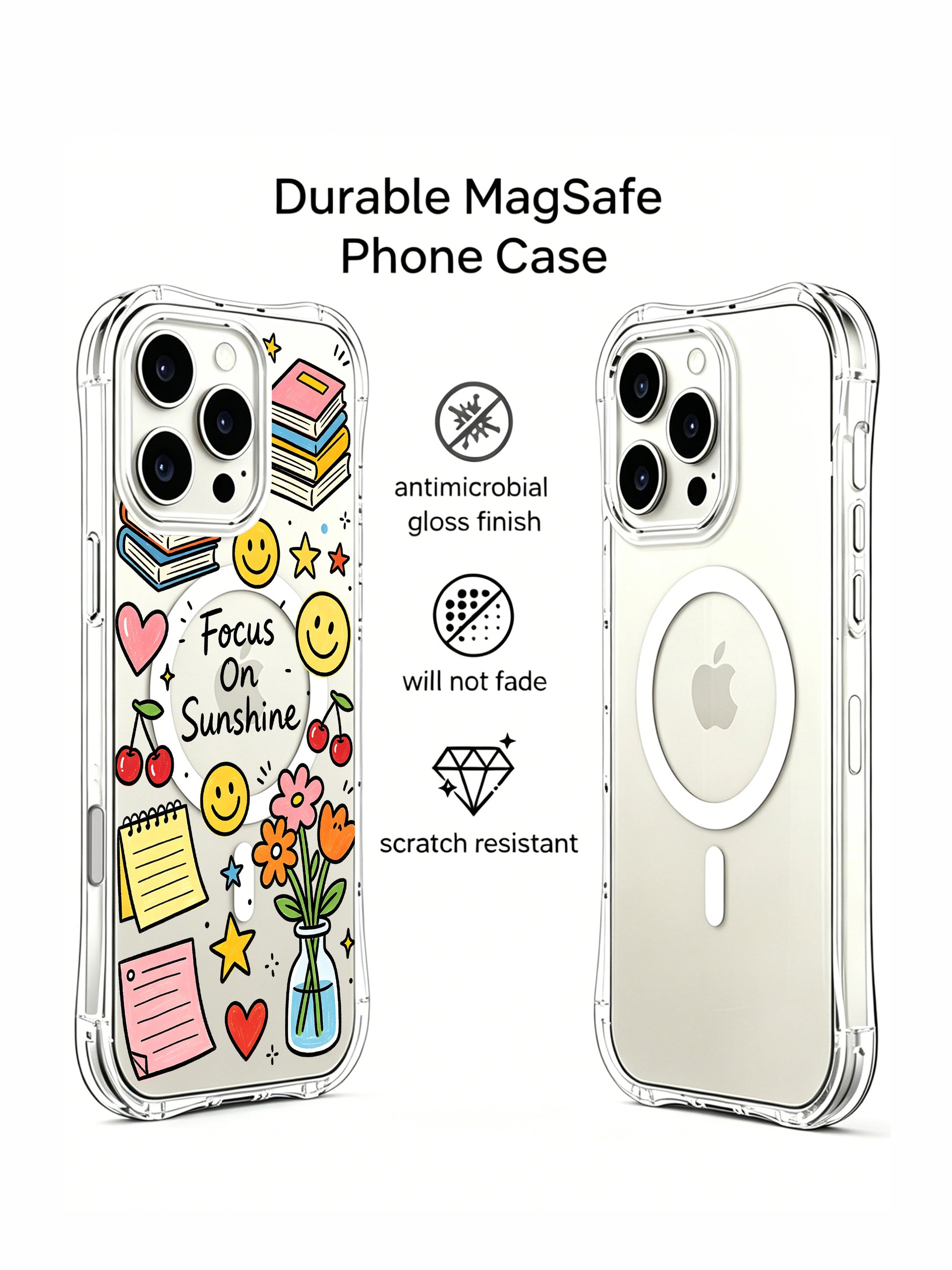 PhoneCasing iPhone 16 pro max scratch-resistant protective case with tulip vase, stacked books, sticky notes and cherry doodles in a positive vibe.