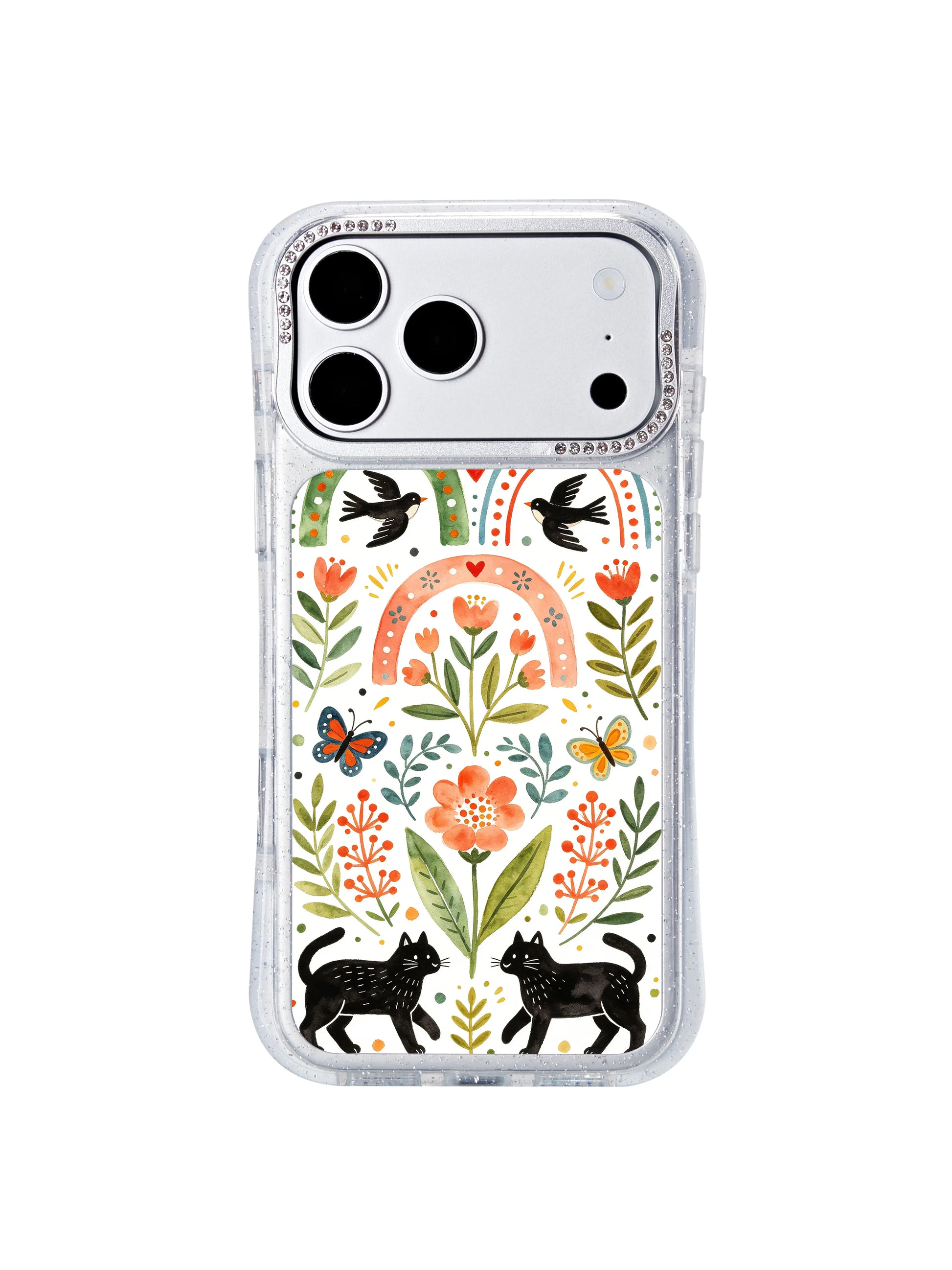 PhoneCasing lens elevation iphone 17 pro Max case with central tulip bloom, dual flying swallows and dotted rainbow arch borders, embedded crystal trim shields camera from flat-surface scuffs.
