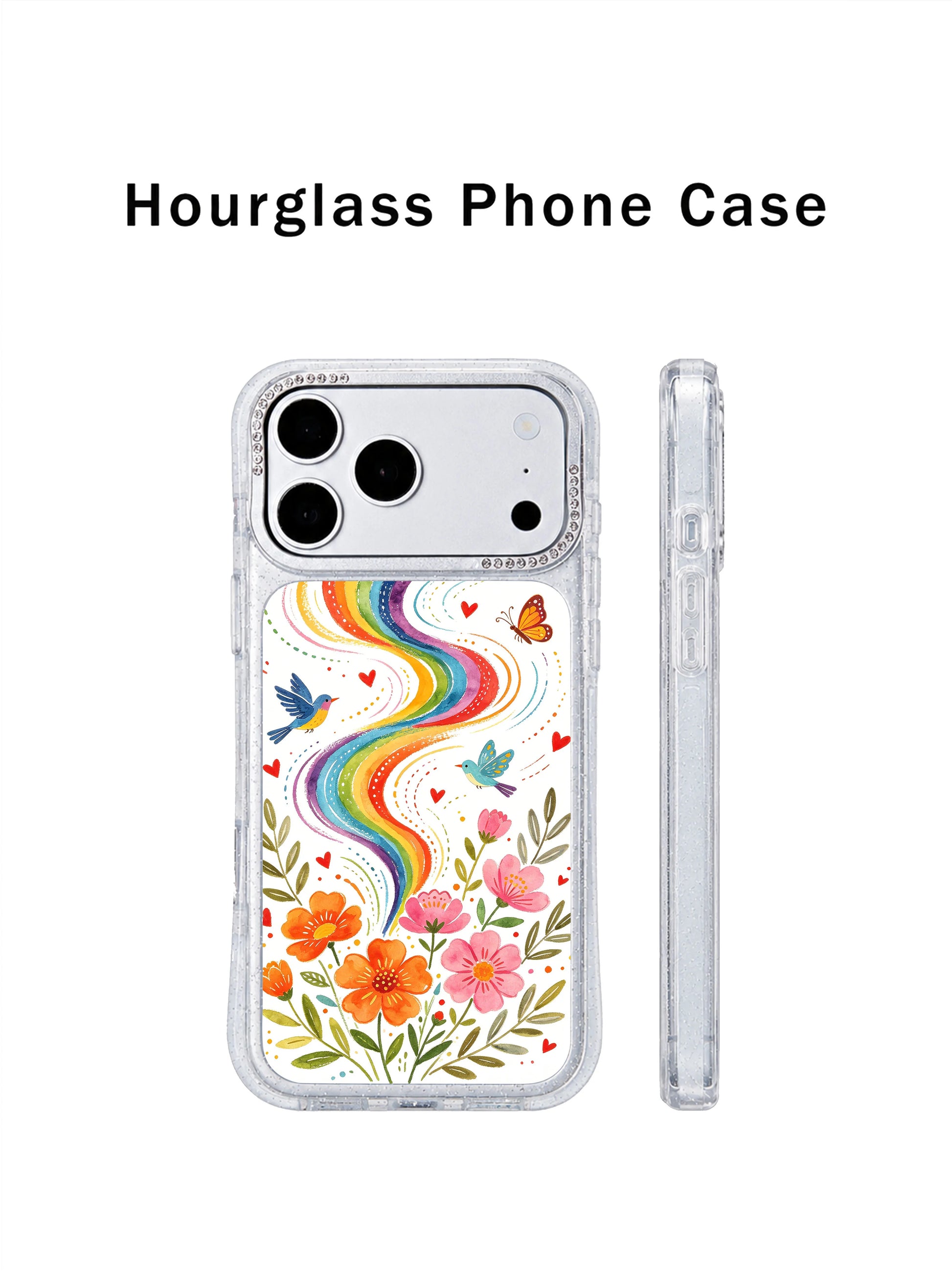 PhoneCasing raised lens guard iphone 17 pro Max case with central tulip blooms, dual curved rainbow spirals and fluttering butterflies blocking flat-surface lens abrasion.