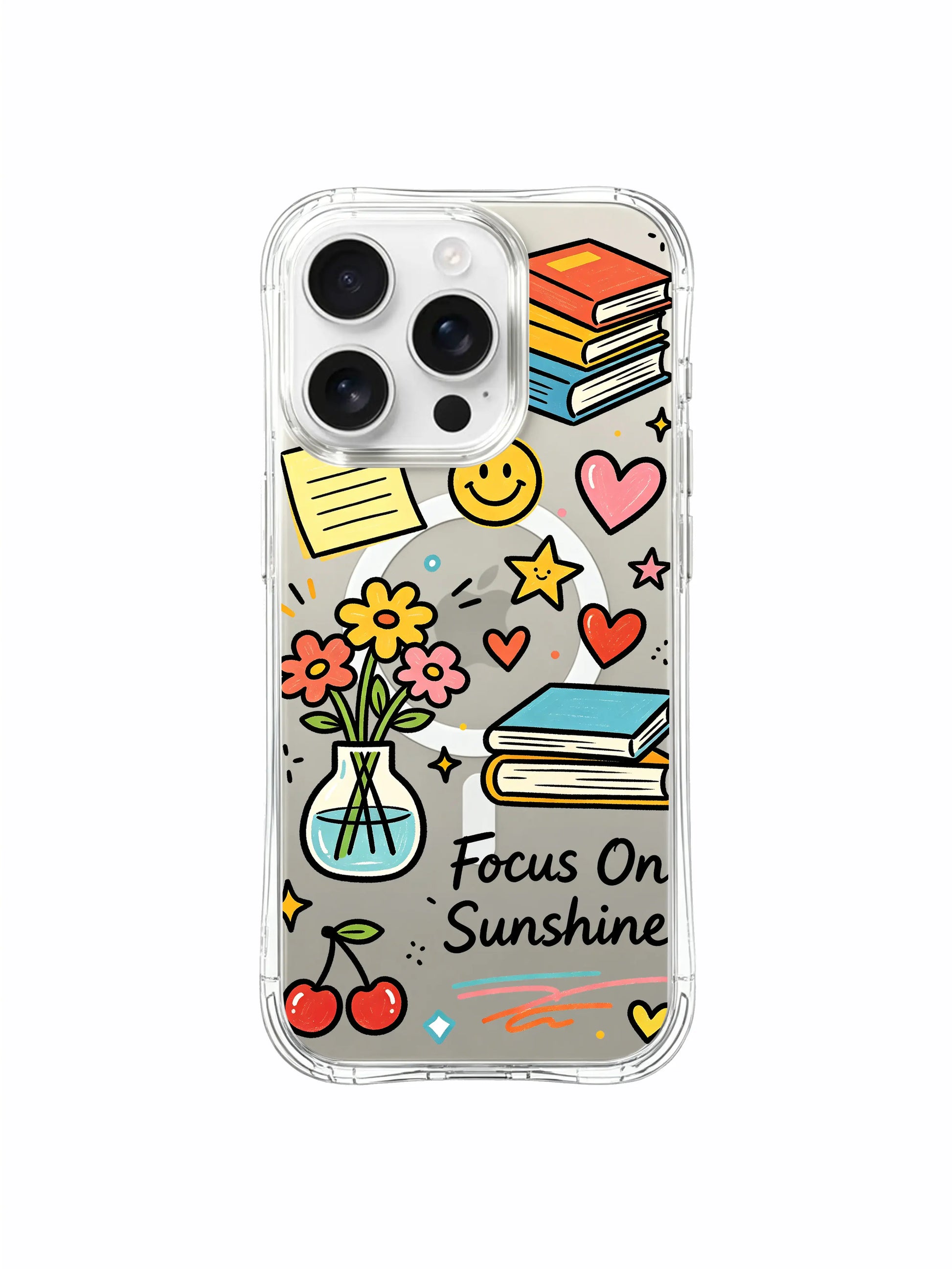 PhoneCasing iPhone 16 pro max non-slip grip case with tulip vase details, book stacks, paper notes and cherry-themed cute doodles.