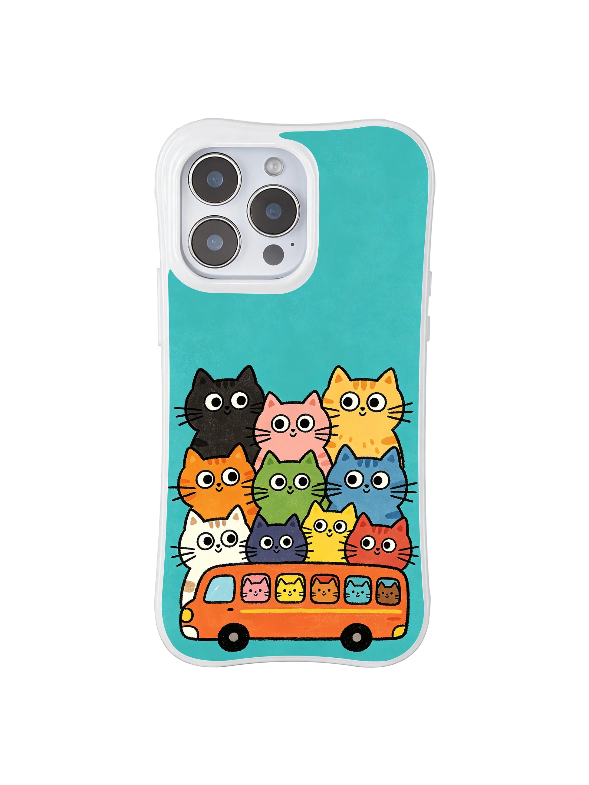 PhoneCasing iPhone 16 pro max protective case with cats on a bus against a bright turquoise background, fun and vibrant.