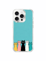 PhoneCasing iPhone 16 pro max MagSafe case with an art design of cats peeking over a bright teal background.