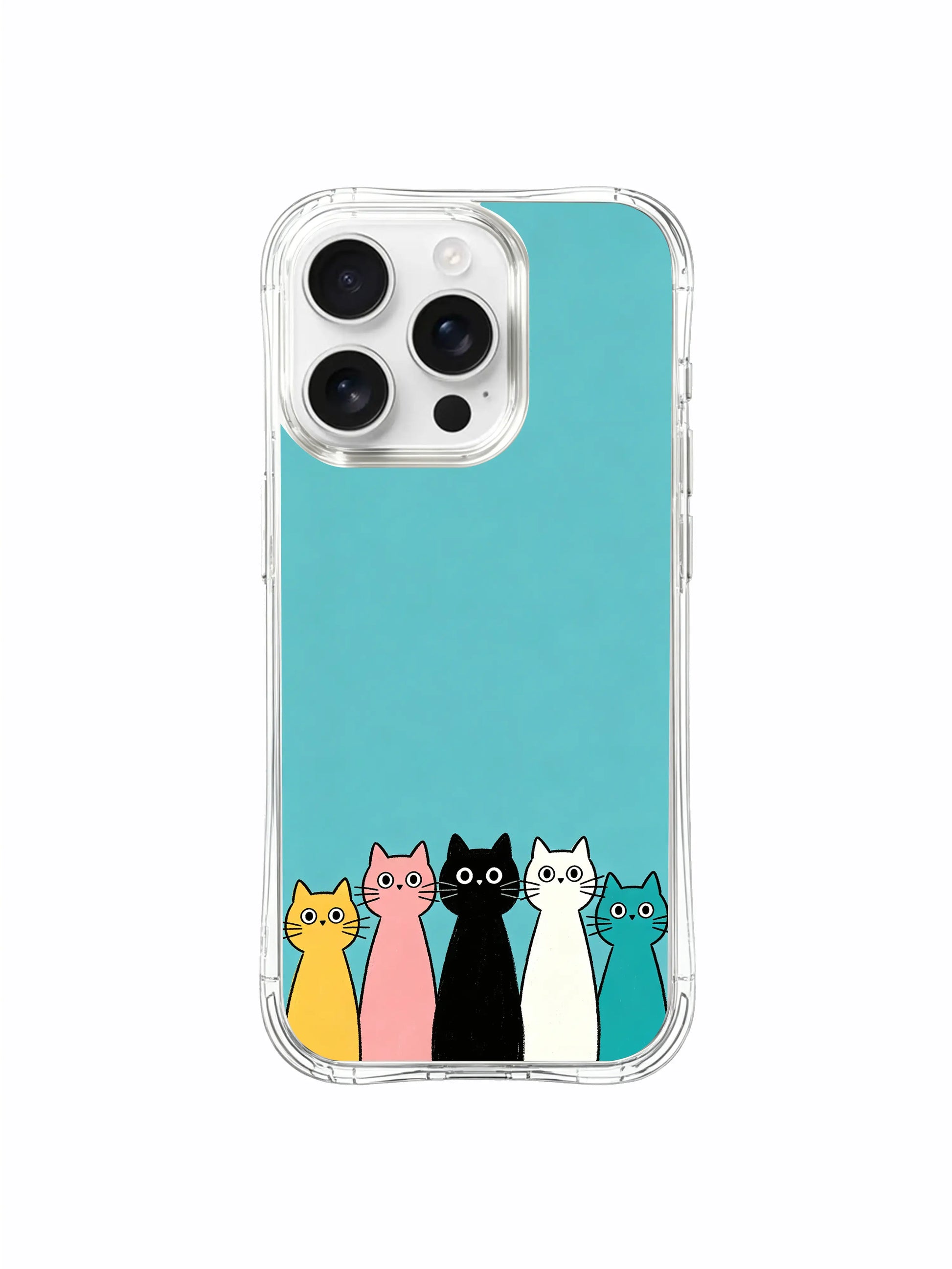 PhoneCasing iPhone 16 pro max MagSafe case with an art design of cats peeking over a bright teal background.