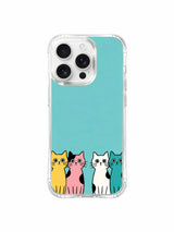 PhoneCasing iPhone 16 pro max clear case showing playful cats on a bright teal background, full of coastal calm.