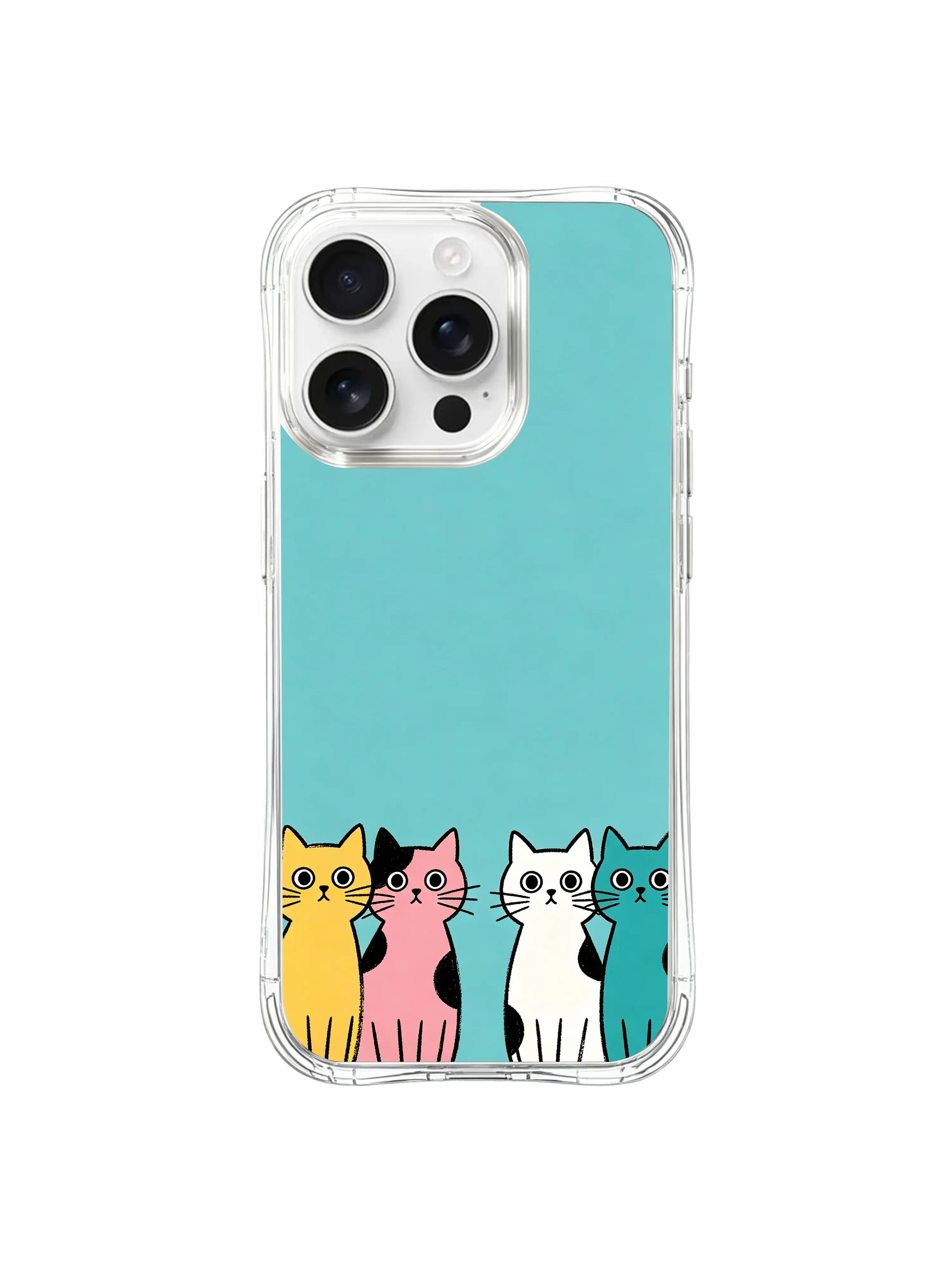 PhoneCasing iPhone 16 pro max clear case showing playful cats on a bright teal background, full of coastal calm.