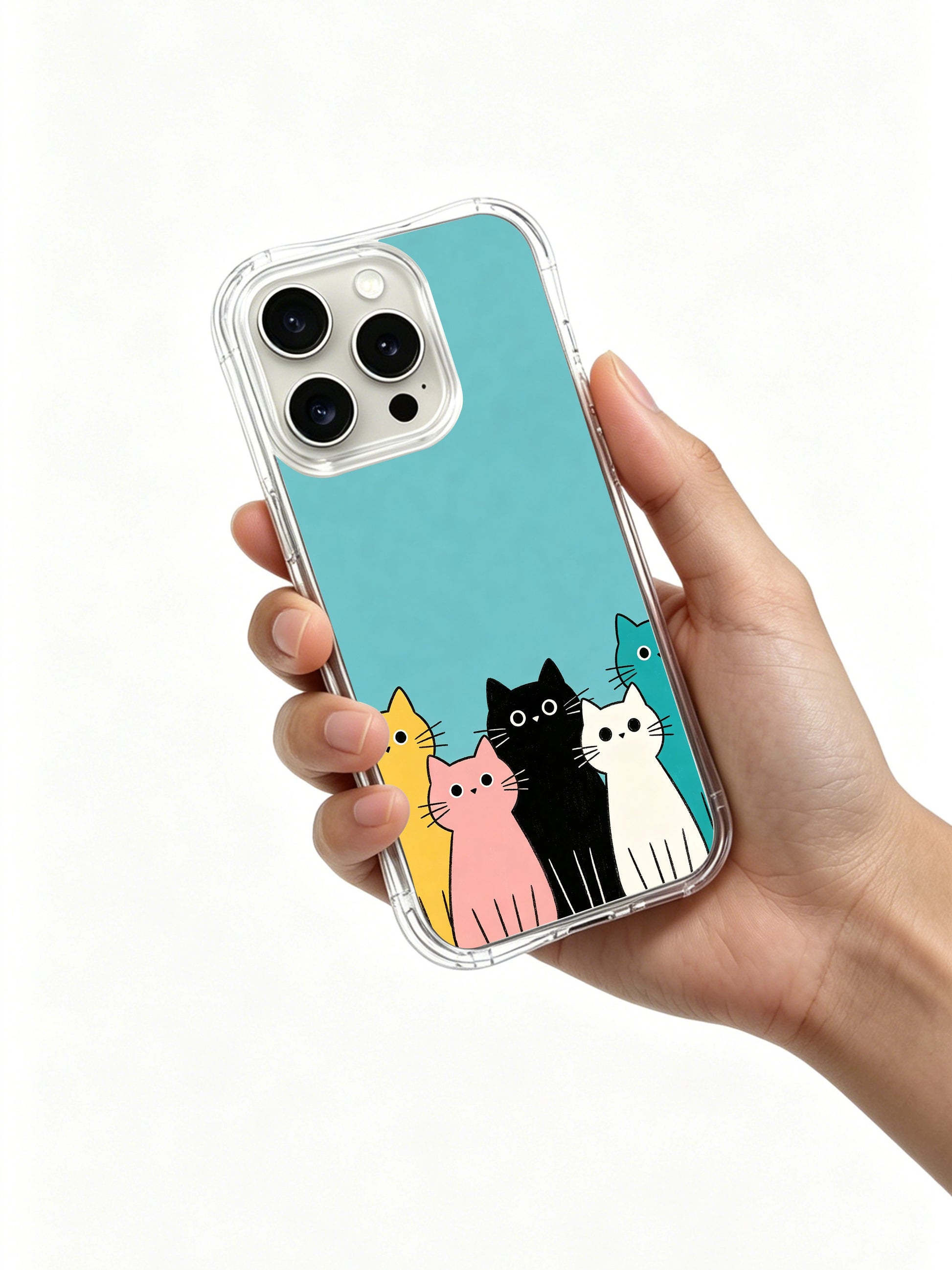 PhoneCasing iPhone 16 pro max scratch-resistant case featuring a peaceful design of cats peeking over a sea-blue background.