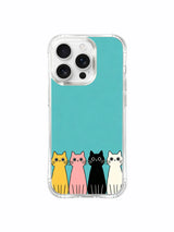 PhoneCasing iPhone 16 pro max clear case with an illustration of colorful cats on a bright teal background, calm and cheerful.