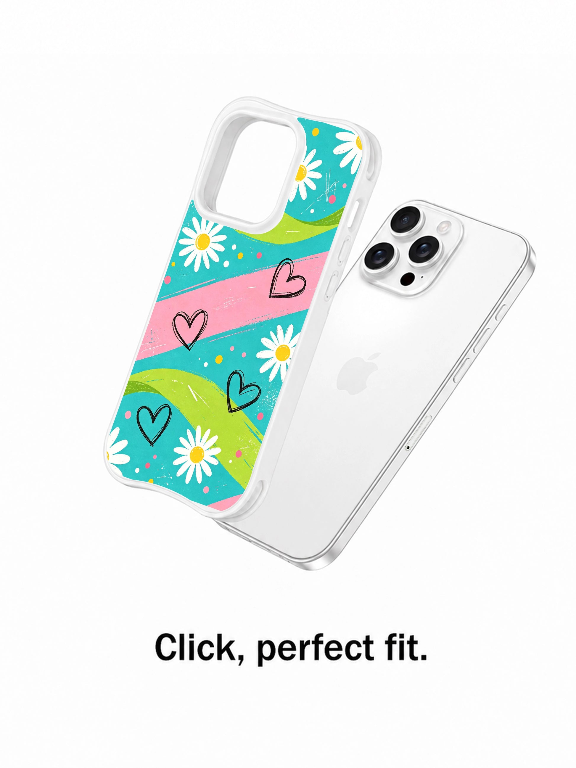 PhoneCasing iPhone 16 pro Case with breezy summer picnic turquoise base sweeping lime pink paint streaks loose black scribble daisy heart pattern, exclusive Ruby Daze design, gallery-quality wavy white frame iPhone 16 pro casing.