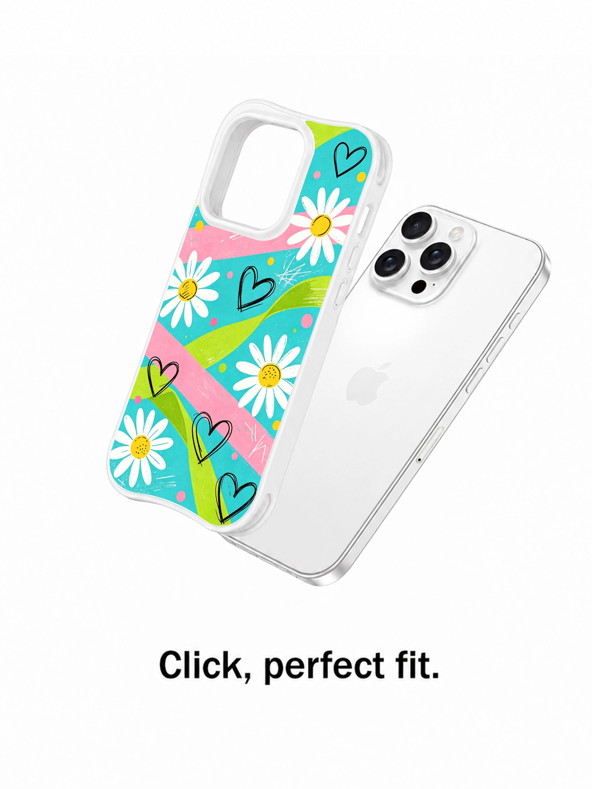 PhoneCasing iPhone 16 pro Case with breezy summer picnic turquoise base sweeping lime pink paint streaks loose black scribble daisy heart pattern, exclusive Ruby Daze design, gallery-quality wavy white frame iPhone 16 pro casing.