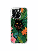 Black panther with turquoise vines and ferns artwork on an iPhone 13 Pro case
