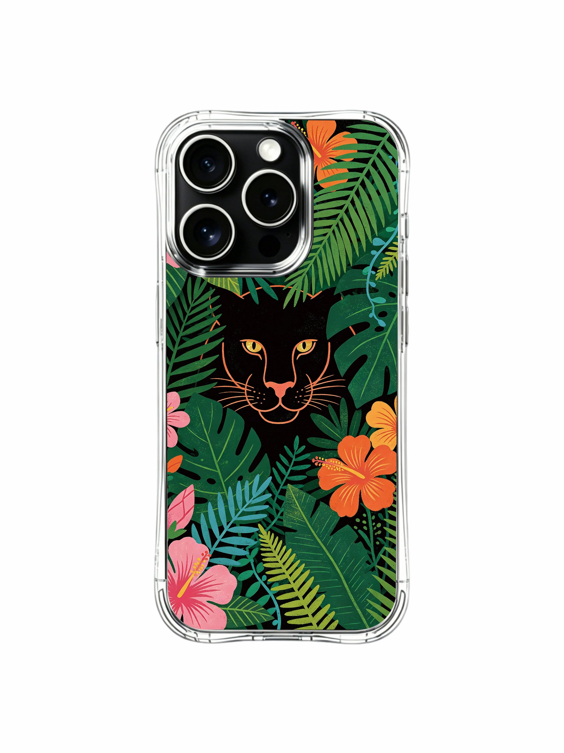 Curly turquoise vine and fern decorating jungle hidden panther design iPhone 13 pro Case from PhoneCasing, anti-crack flexible iPhone 13 pro casing, trendy boho rainforest printed phone cover.