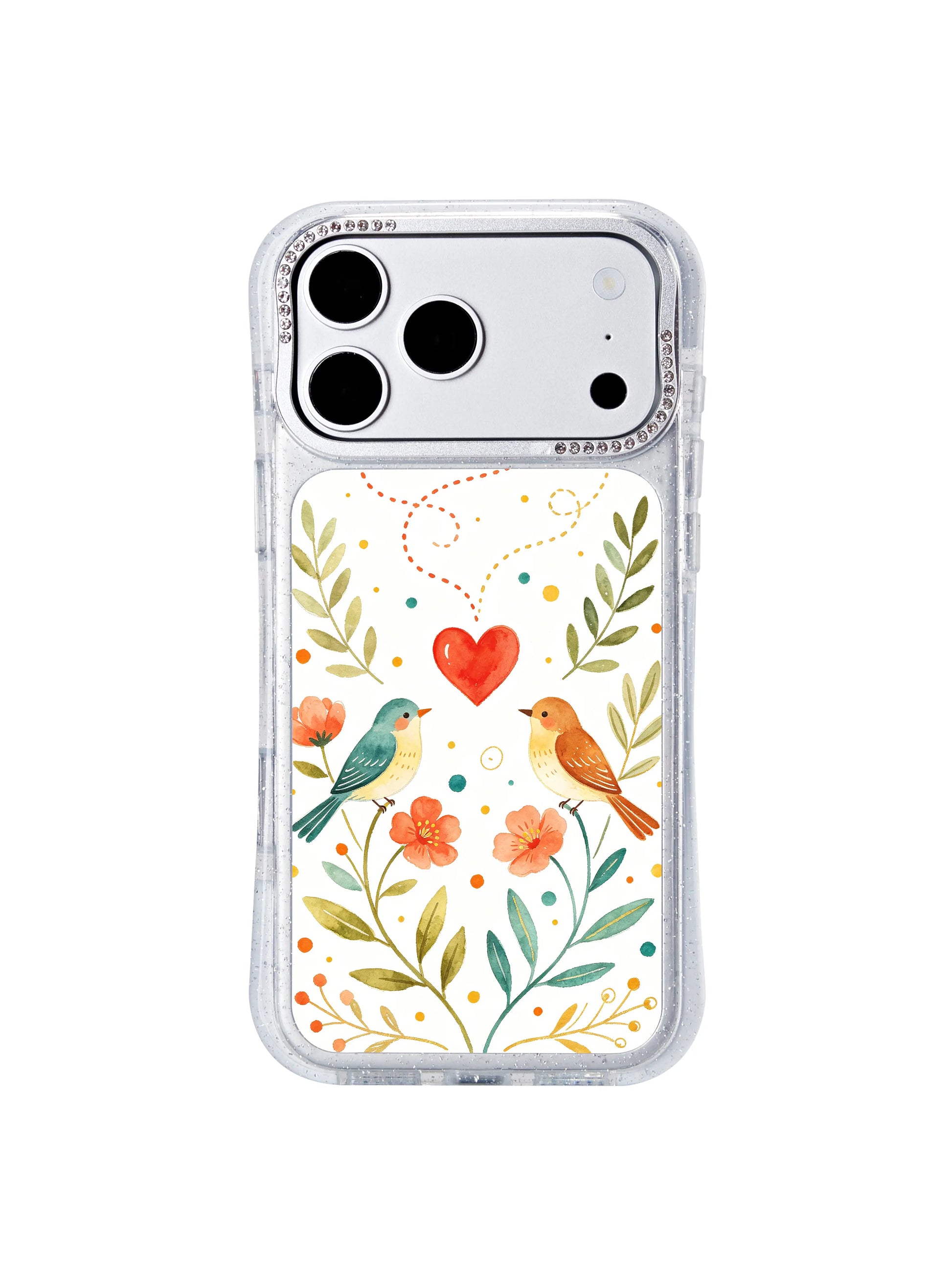 PhoneCasing slim lightweight iphone 17 pro Max casing featuring Aurelia Finch’s directional heart trail bird and butterfly motif, low-profile shockproof hourglass frame easy to slip into purses and bags.