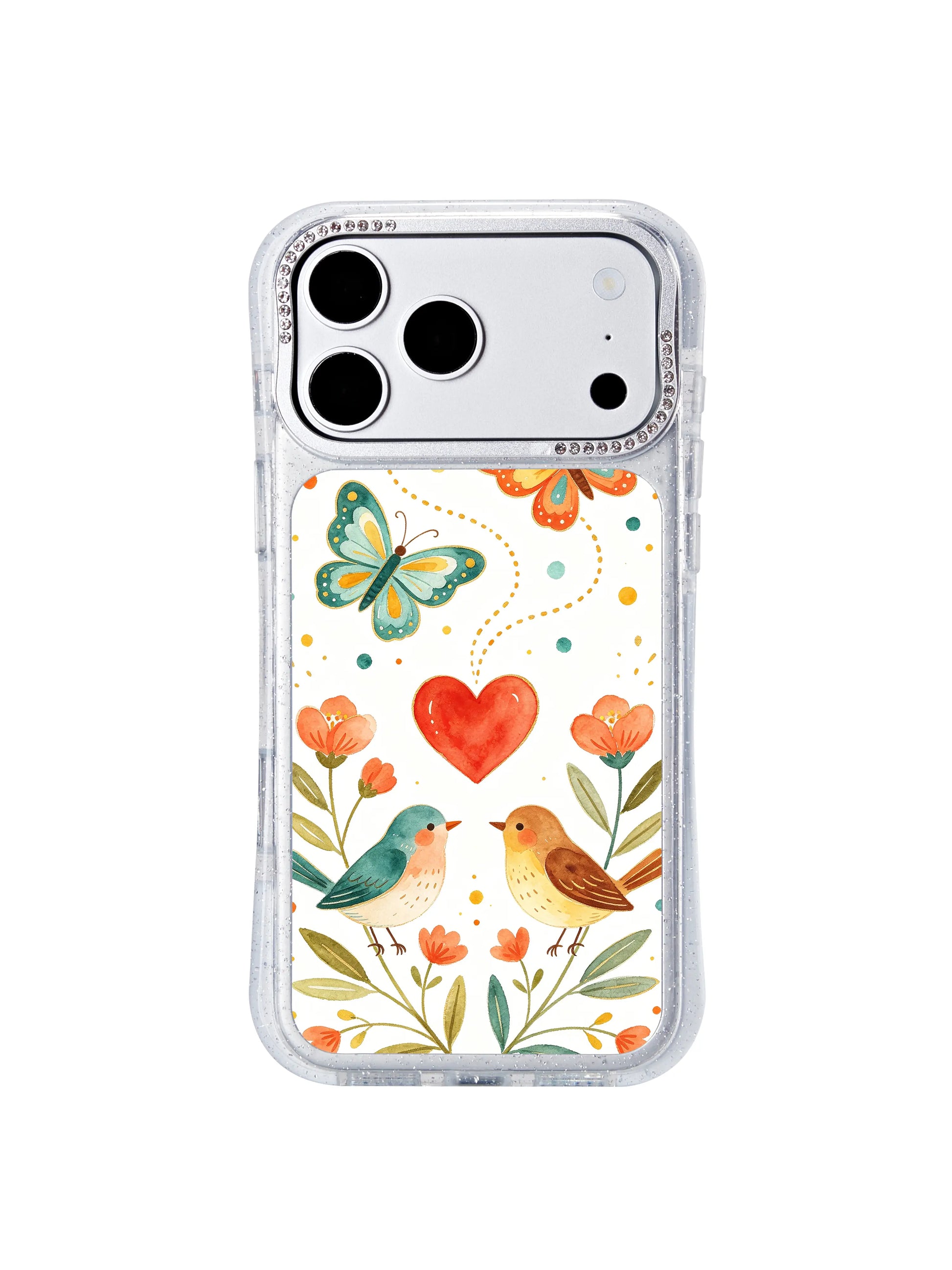 PhoneCasing limited artist edition iphone 17 pro Max casing by Aurelia Finch, collectible heartward butterfly paired bird romantic floral artwork produced in small exclusive studio batches.