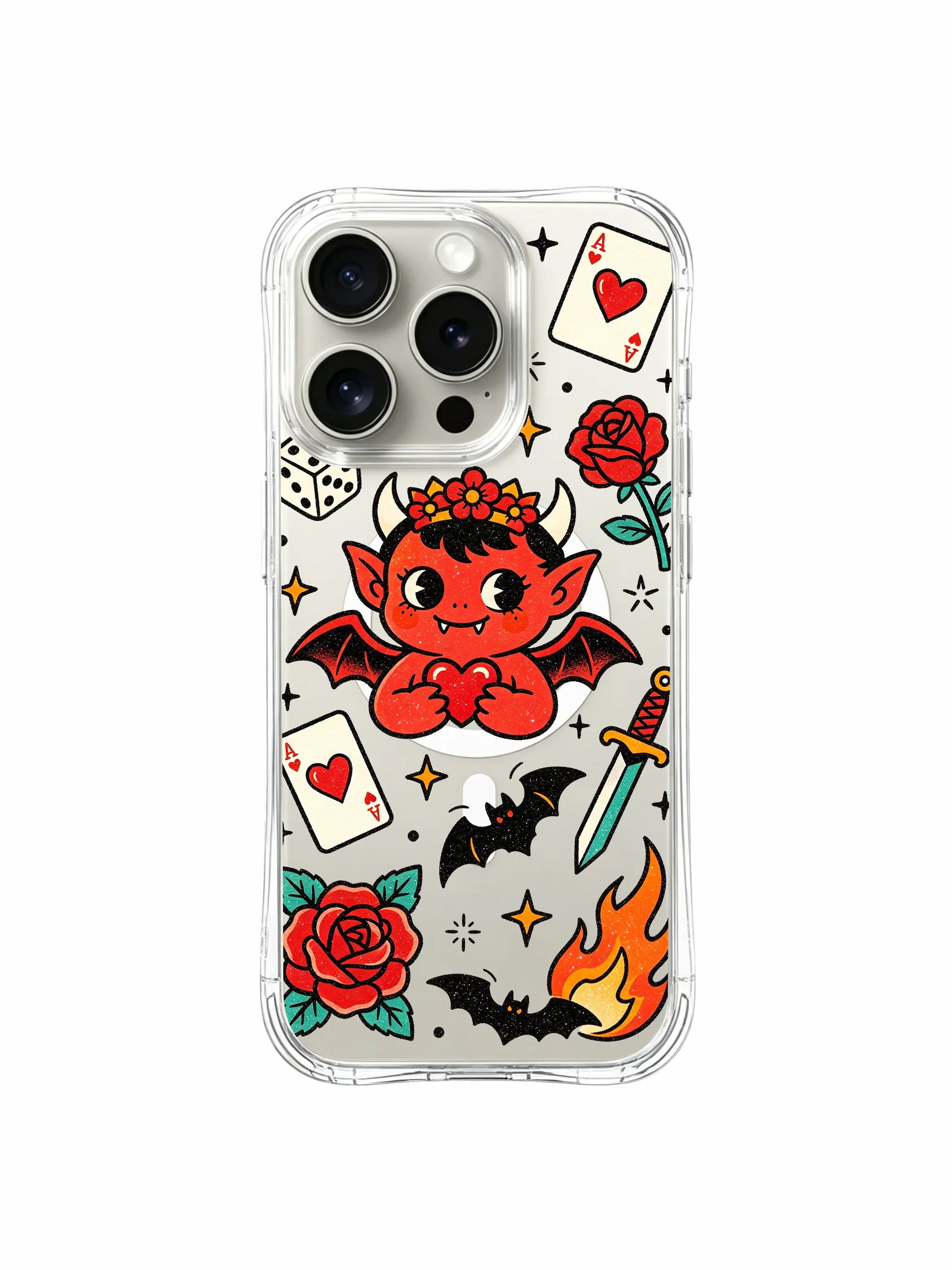 PhoneCasing iPhone 15 pro Case with double black bats and dual red roses around sweet little devil, exclusive Ruby Blackthorn fine art phone casing crafted in USA.