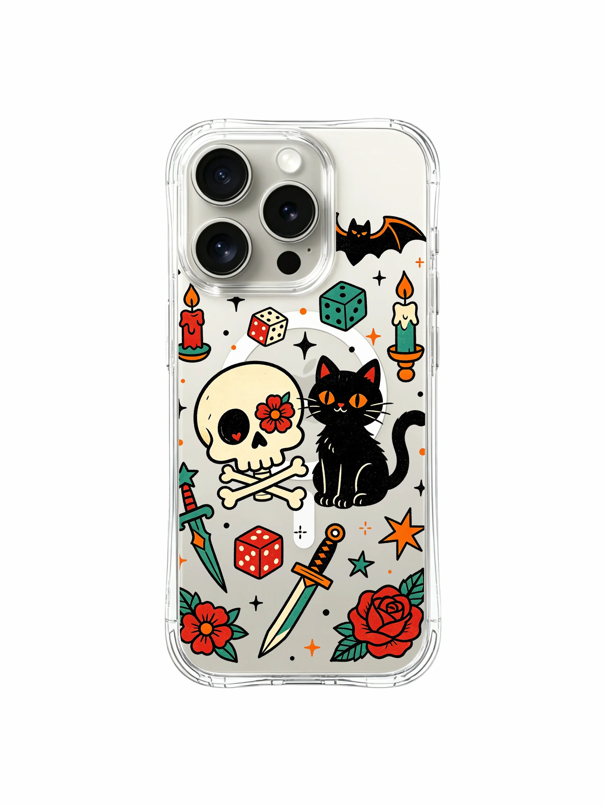 PhoneCasing iPhone 15 pro Case dual bottom oversized red roses, single upper flying bat, cracked heart beside skeleton and black cat, anti-drop shock absorbing art iPhone 15 pro casing.